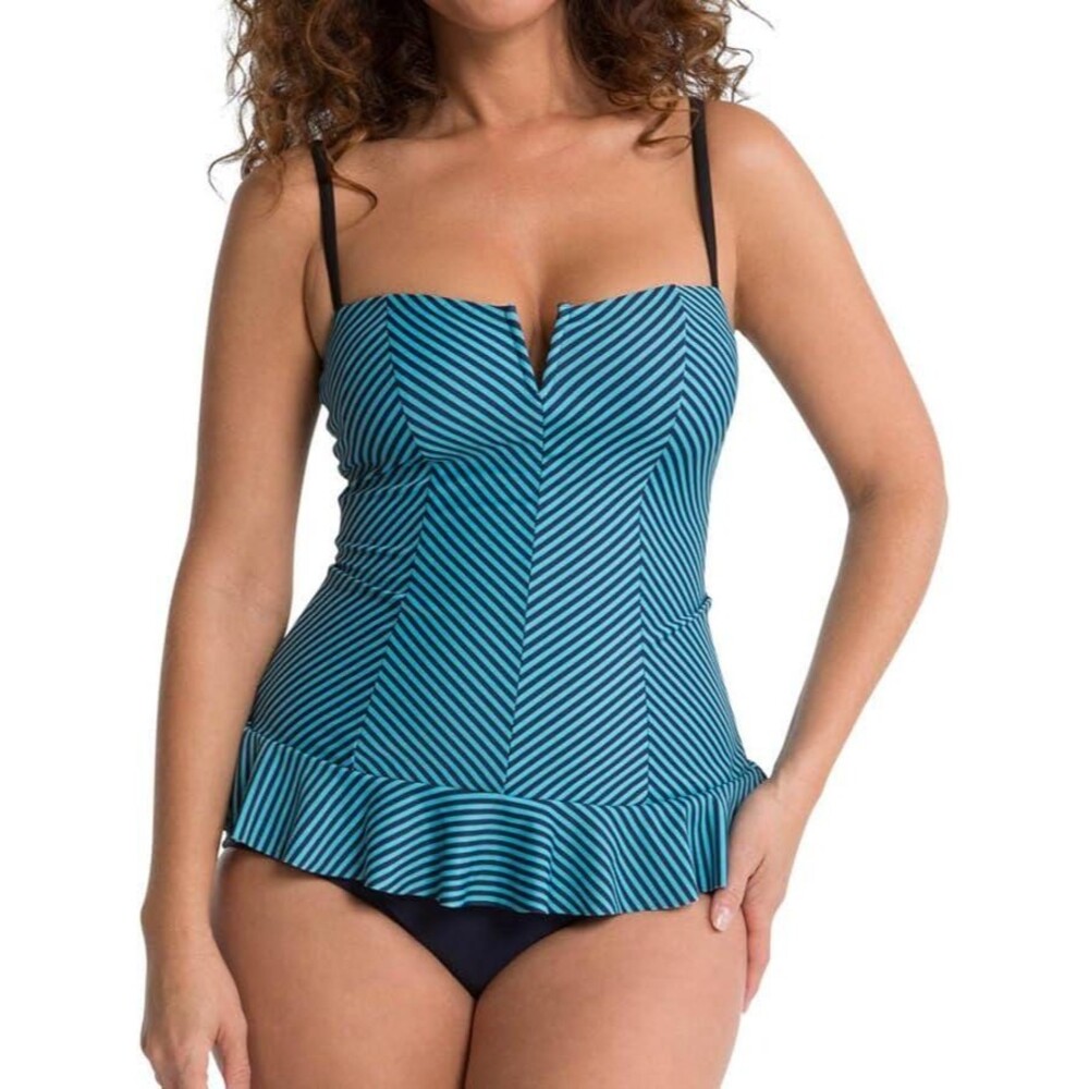 Spanx Bathing Suit Womens 14 One Piece Swim Dress Ruffle Blue Stripe Pool Beach